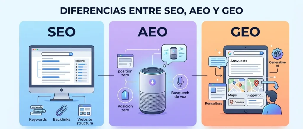 diferencias SEO, AEO y GEO